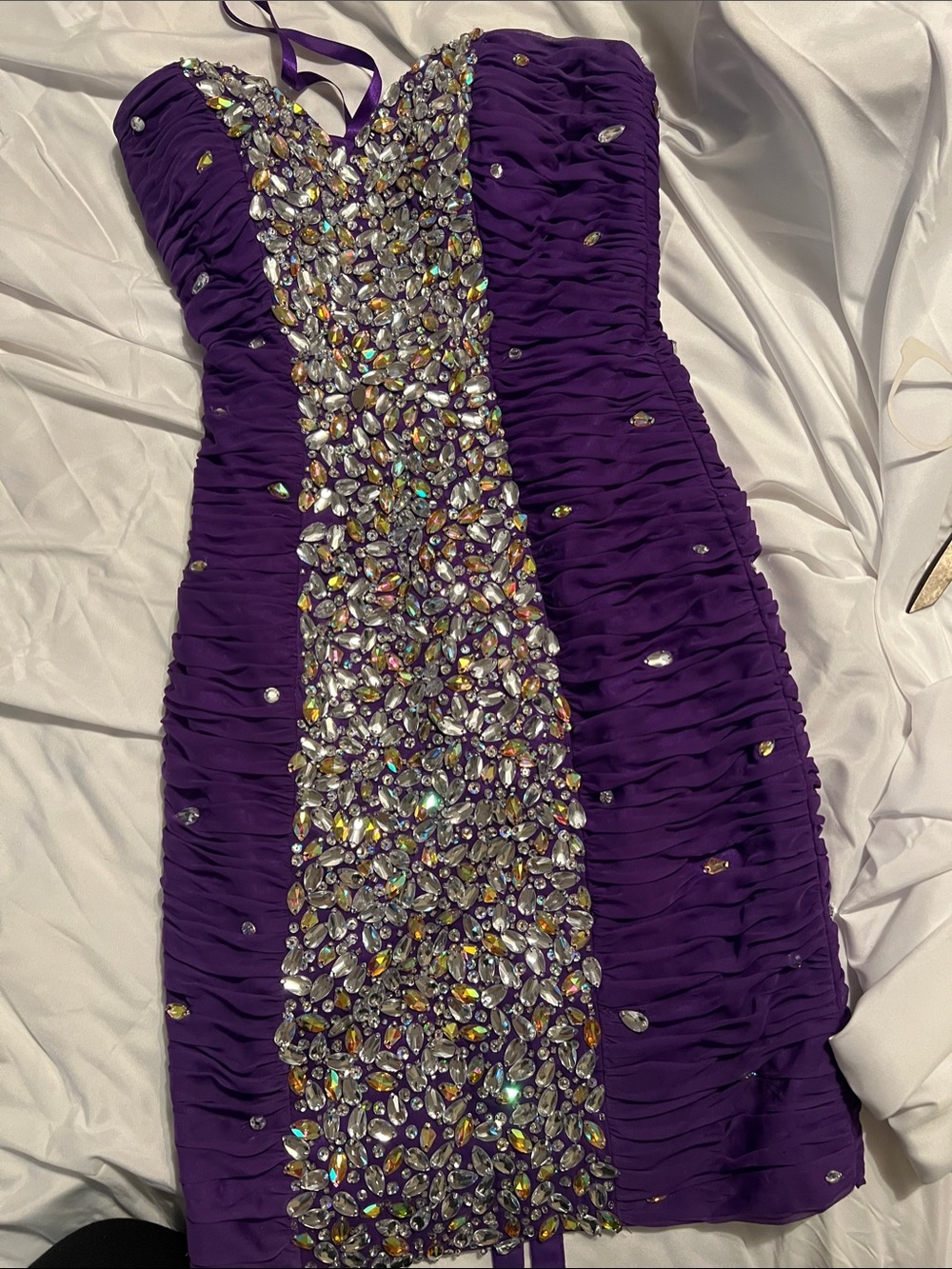 Mori Lee Purple Strapless Ruched Sequin Cocktail Dress